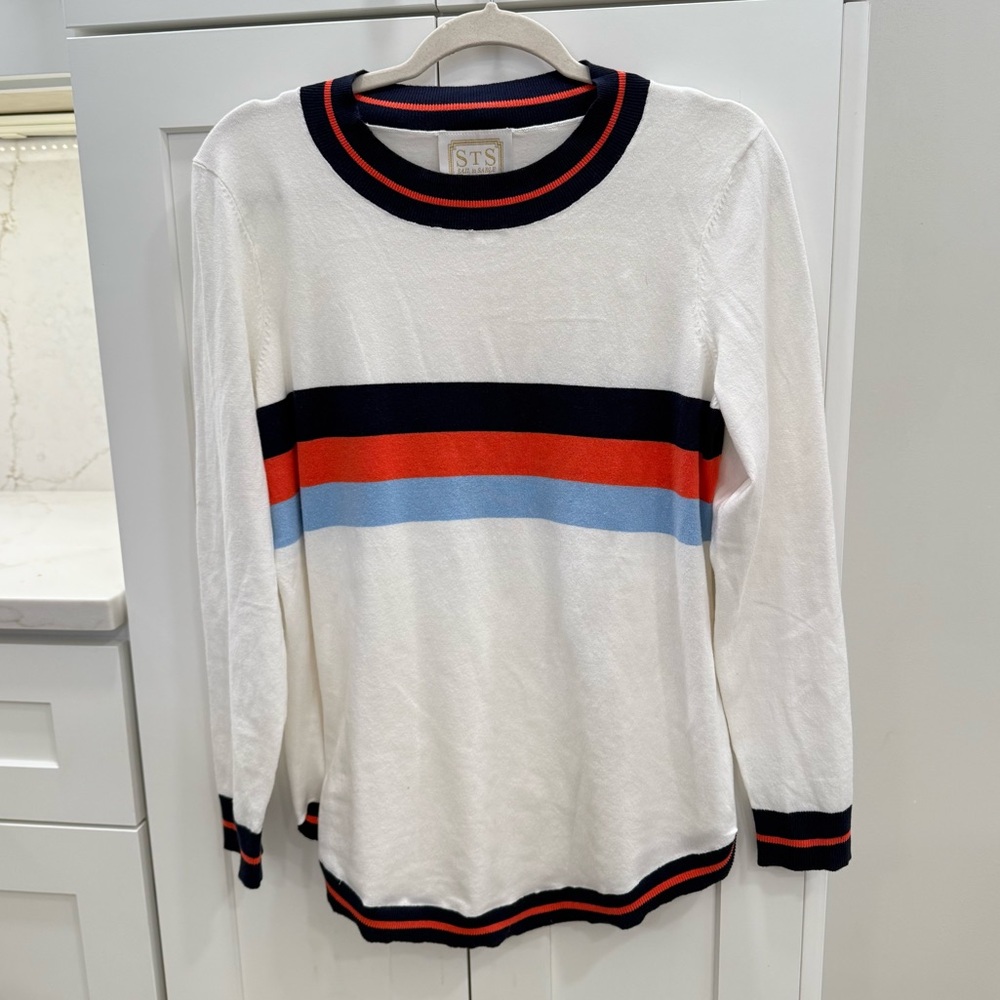 Sail to Sable Sweater Size M Medium, White with Orange and Blue Stripe Accents